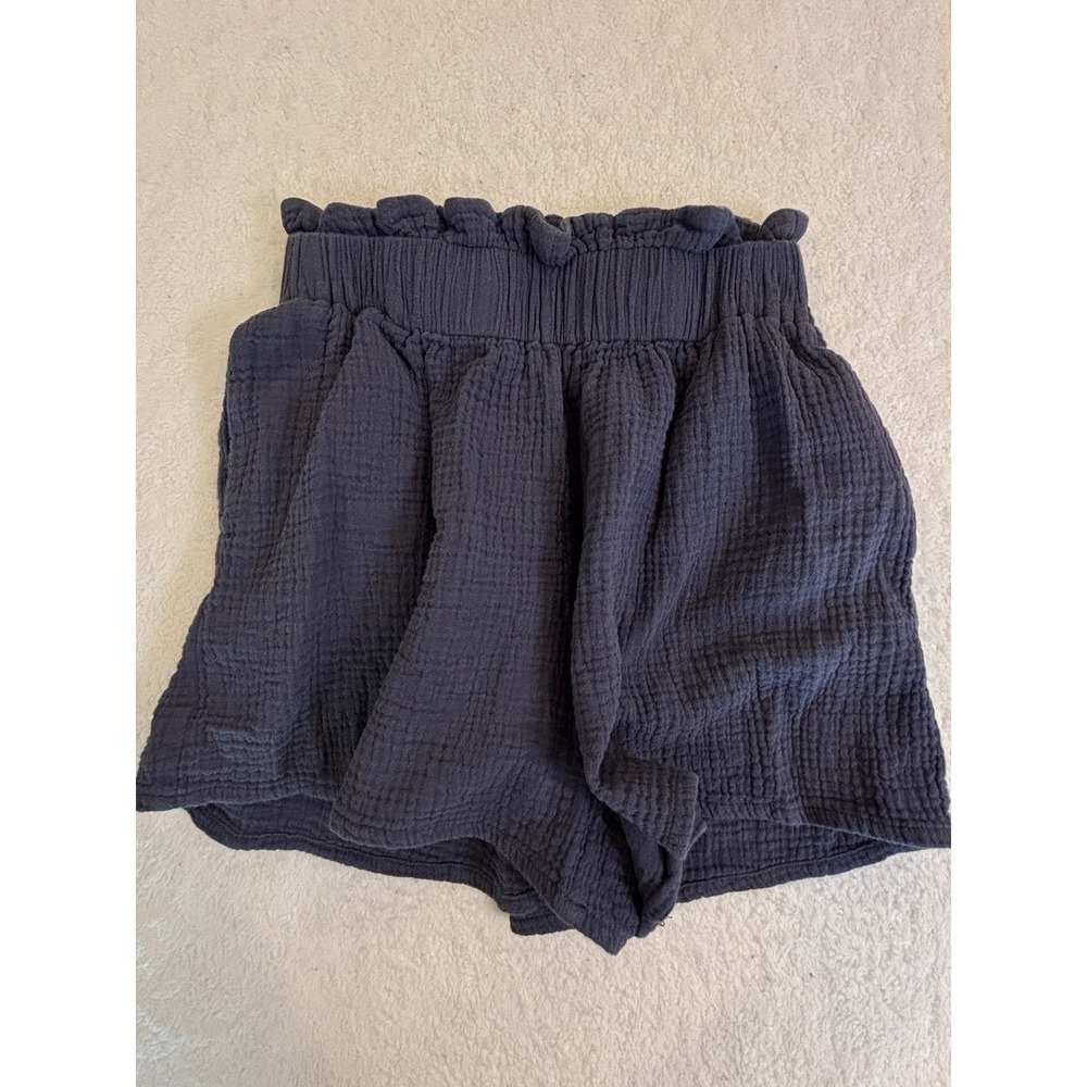 MABLE Navy Blue Gauze Paperbag Waist Shorts High Rise Crinkle Textured Small